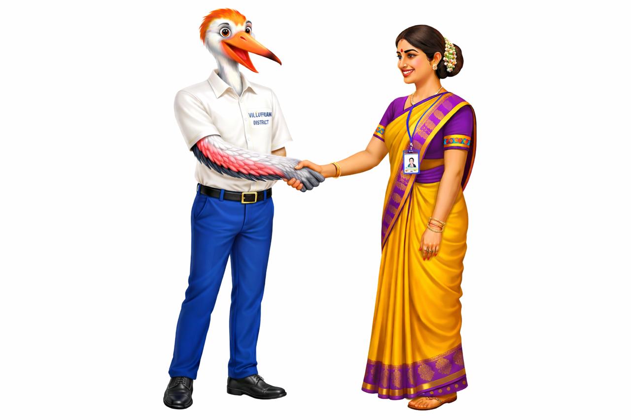 Villupuram District election mascot — painted stork and polling officer